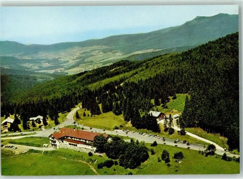 94252 W8371 Bayerisch Eisenstein - Rückseite mit Abschürfungen bzw Kleberesten Fliegeraufnahme Hotel Brennes