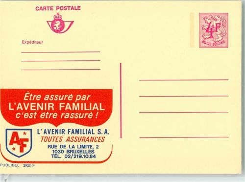 1972 Avenir Familial S.A. Toutes Assurances, Publibel 2622 F Belgische Ganzsache Wertstufe 4,00 / 4,00 + roter Stempel 1,00