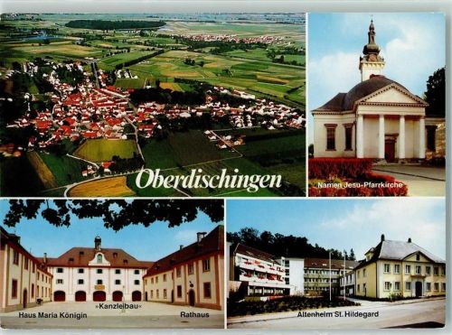 Oberdischingen Fliegeraufnahme Namen Jesu-Pfarrkirche Haus Maria Königin Kanzleibau Rathaus Altenheim St. Hildegard