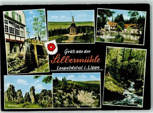 Leopoldstal Waldhotel Silbermühle Mühlrad Hermannsdenkmal Silberbach Blick von der Velmerstot Externsteine