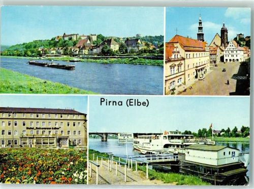 Pirna Elbe Markt mit Rathaus Hotel Schwarzer Adler Dampferanlegestelle Rückseite mit Abschürfungen bzw Kleberesten