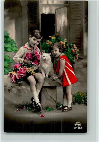 1930 Serie 64436-5 handcoloriert - Kinder mit Blumen und einer Katze AK
