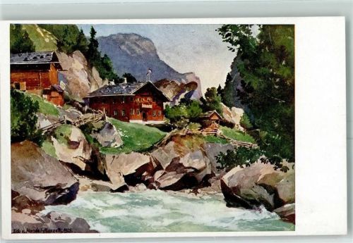 6292 Finkenberg Künstlerkarte Gasthaus Zum Karlsteg sign Edo v. Handel-Mazzetti Künstlerserie Zillertal Aquarell