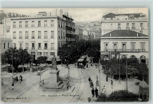 Alger 1910 Place Bugeaud, Streetcar, Straßenbahn AK