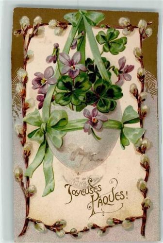 1906 Ostern, Joeuses Paques - Osterei mit Glücksklee hängt an grünen Schleifen, Kätzchenzweige als Girlande AK