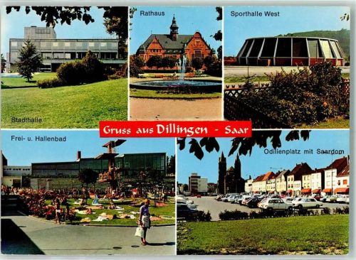 Dillingen Stadthalle Rathaus Springbrunnen Sporthalle West Frei- und Hallenbad Sprungturm Odilienplatz mit Saardom