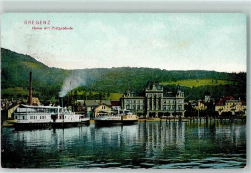 Bregenz Hafen mit Postgebäude Seitenraddampfer