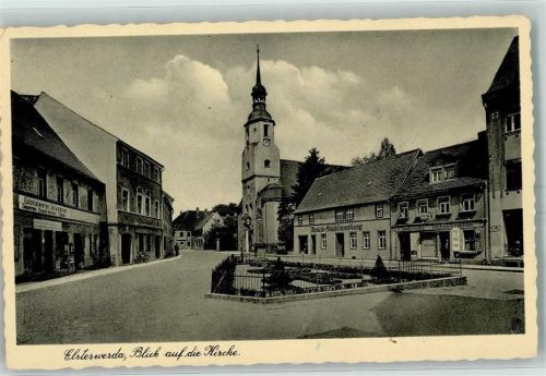 Elsterwerda Kirche Rodeks Buchhandlung Kolonialwarengeschäft Schuhmacherei Bahnpoststempel