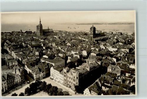 Stralsund Vogelschau mit St. Jacobi u. Nikolai