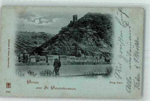 St. Goarshausen 1898 Burg Katz Mondschein