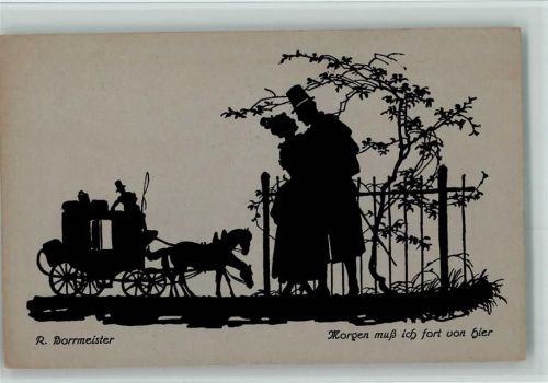 sign Borrmeister - Reisekutsche, Abschied AK Scherenschnitt Künstlerkarte