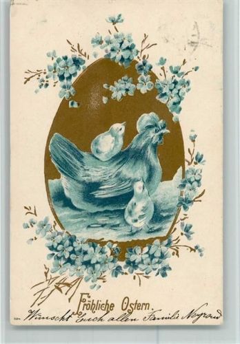 Im goldenen Ei sitzt ein blaues Huhn mit Küken , Vergissmeinnicht AK Osterei 1908 Lithographie / Prägedruck