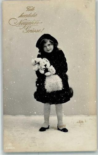 Neujahr Serie 5356-4 Kind Muff Pelzmode Rosen AK Rotophot Foto AK