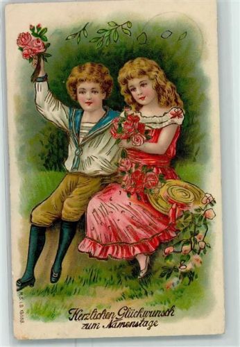 1909 Folienkarte / Lackkarte Kind Rosen Golddruck AK