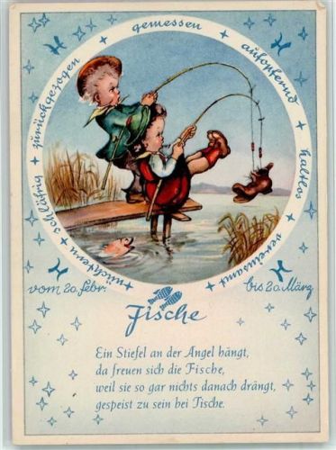 Fische - Kinder beim Angeln, leider ein Schuh , gute Erhaltung - Verlag Lengauer Nr. 1025 AK