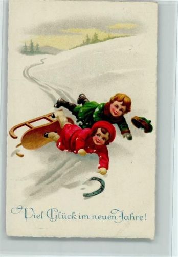 1931 Kinder rodeln mit einem Schlitten, Hufeisen AK Gute Erhaltung