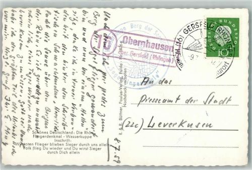 Obernhausen Landpoststempel über Gersfeld Rhöngeb. Fliegerdenkmal Wasserkuppe Segelflugzeug