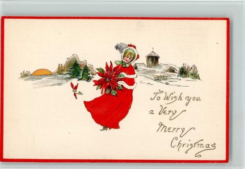 Merry Christmas , Mädchen mit Weihnachtsstern Blumen, gute Erhaltung AK