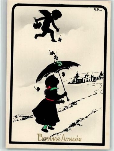 sign G. P. - Bonne Annee - Mädchen mit Regenschirm, Engel mit Kleeblättern AK Gute Erhaltung