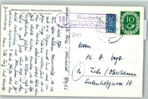 Weschnitz Landpoststempel über Fürth Odenw.