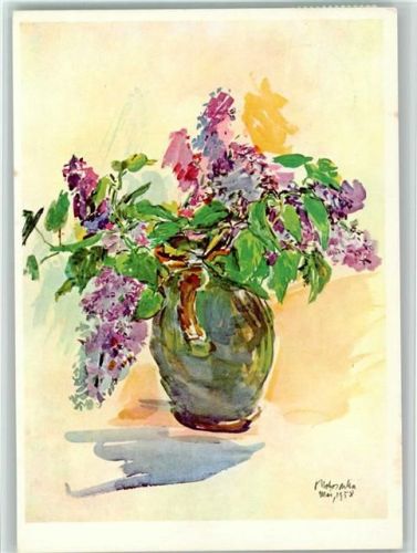 1964 Blumenvase von Kokoschka - Flieder - sign Pia Roshardt - Rauchschwalbe - Kartenspende für die Schweizer Krebsforschung, gute Erhaltung