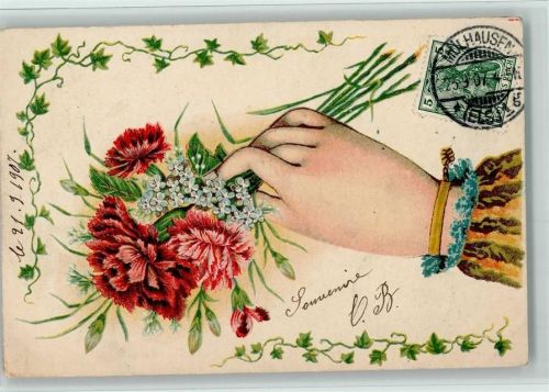 1907 Hände mit Blumen und Vergissmeinnicht AK