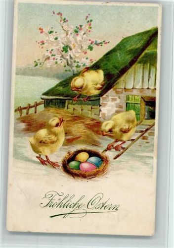1925 Drei Küken und ein Nest mit bunten Eiern AK