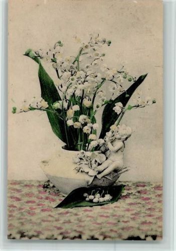 1916 Verlag E.L.D. 9112 Schöne Porzellanfigur an der Blumenvase , Maiglöckchen , gute Erhaltung