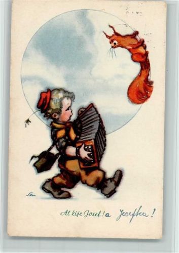 1948 sign SA - Kind mit einer Ziehharmonika und Einchhörnchen AK