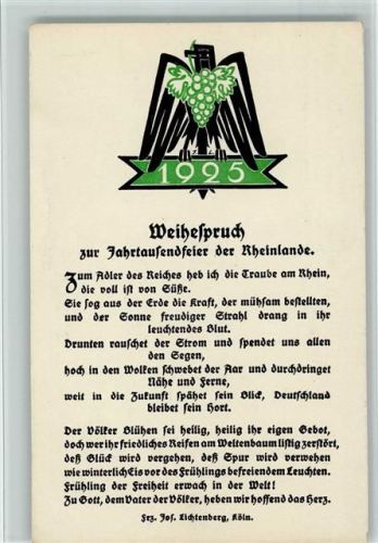 Weihespruch 1925 zur Jahrtausendfeier der Rheinlande AK Verlag Lichtenberg und Verfasser