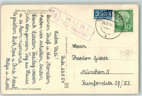Oberstdorf Landpoststempel Rubi Notopfer Marke Grünten