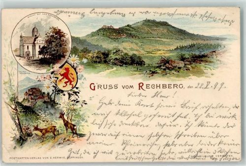 Rechberg 1899 Lithographie Kirche auf dem Rechberg Ruine Rechberg Hirsche