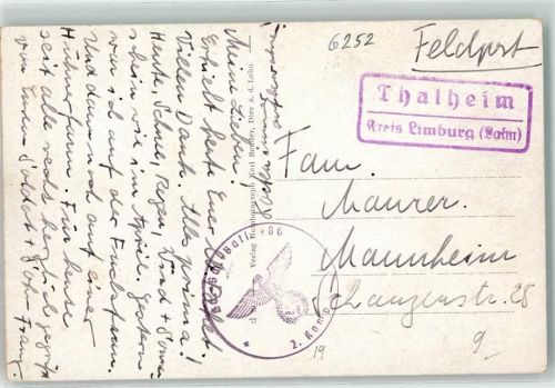 Limburg Landpoststempel Thalheim Stempel WK II Batl. 86 2. Komp. Diez Schloss mit Rezeptur