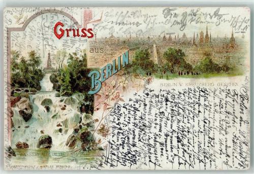 10115 W1000 Kreuzberg 1898 Lithographie Wasserfall Victoriapark