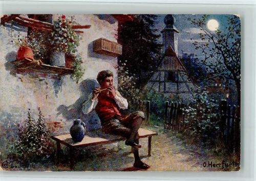 1900 Musik - Flotenspieler bei Mondschein, gute Erhaltung AK