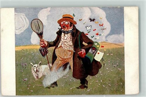 Serie XXVIII Nr 1 sign E. Osswald Des Herbstes letzte bunte Beute Schmetterlinge Schmetterlingsnetz Hund