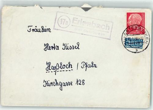 74706 W6960 Osterburken KEINE AK Landpoststempel Erlenbach Notopfer Marke Briefkuvert