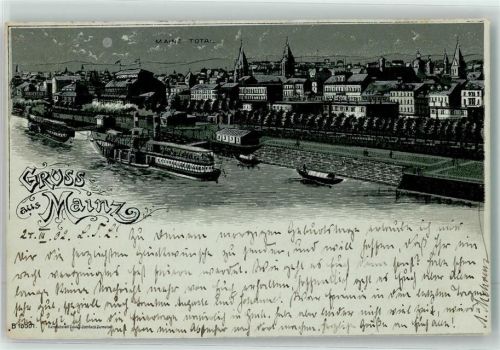 55116 W6500 Mainz a Rhein 1902 Gebrauchsspuren Seitenraddampfer Lithographie Mondschein