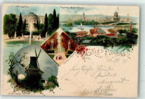 Potsdam 1900 Lithographie Schloss Sanssouci Historische Windmühle