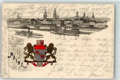Mainz 1903 Rheinschifffahrt vor Rheinpromenade Mainzer Wappen
