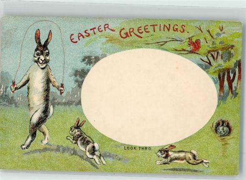 Easter Greetings Look Thro Hase Springseil Eichhörnchen vermenschlicht Osterei Künstlerkarte