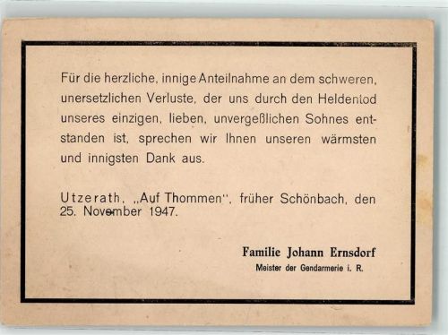 Utzerath 1947 Todesanzeige Drucksache Johann Ernsdorf