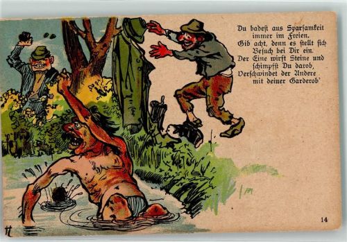 Badendem Mann wird die Gaderobe geklaut sign. H 14 Schmähgedicht Humor Künstlerkarte