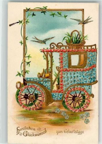 1911 Automobil aus Blüten Rosen Vergissmeinnicht Geburtstag Schwalben