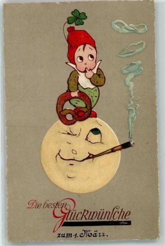 Glückwunsch Zwerg Mond vermenschlicht mit einer Zigarre AK Brezel 1917