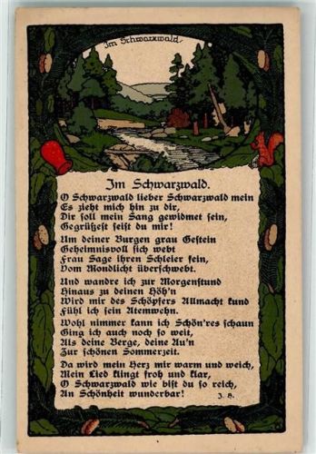 Ein Bach fließt durch den dunklen Schwarzwald mit Heimatgedicht Verlag C. Fuchs Nr. 5496