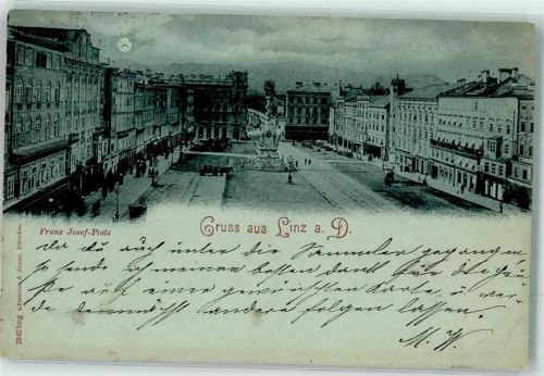 Linz 1898 Franz-Josef-Platz mit Denkmal Pferdedroschke