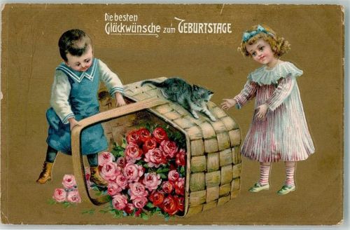 1909 Zwei Kinder mit einem umgekipptem Blumenkorb und Katze Lithographie