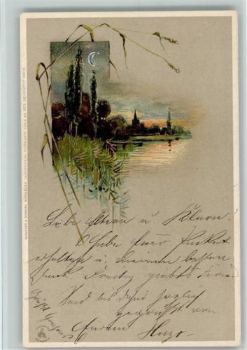 Mondschein Postkarte Serie XV - Landschaft am See AK