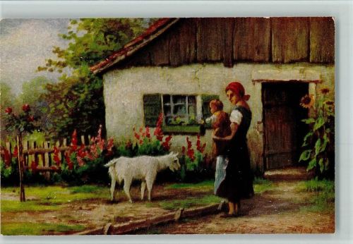 Nr. 1345 von W. Hoy - Ländliches Idyll - Bäuerin mit einer Ziege